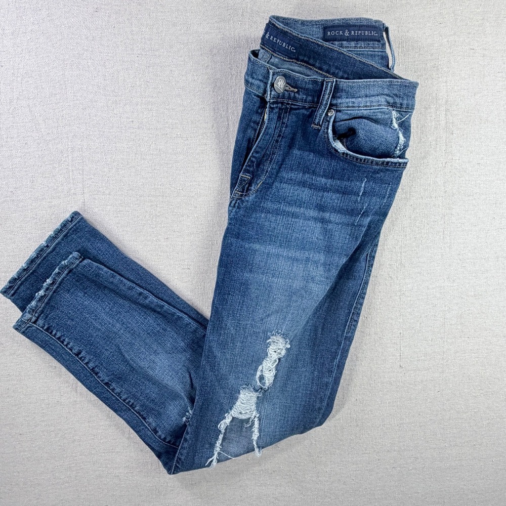 Rock & Republic Fever Rx Distressed Skinny Jeans Blue Denim Womens Size 10